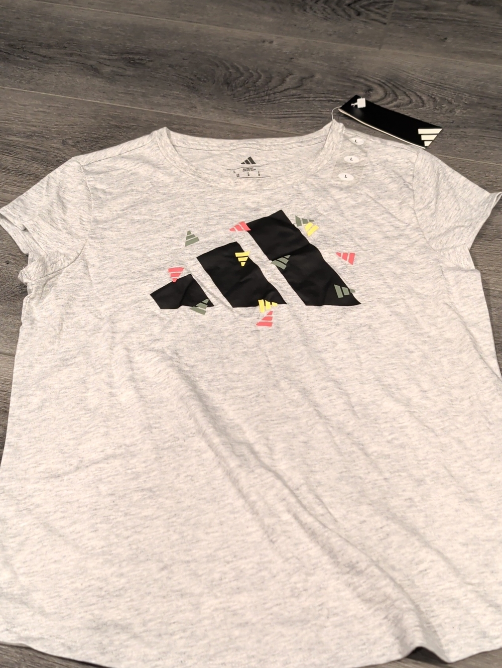 adidas Women's Light Heather Gray Short Sleeve Logo Tee with Color Accents